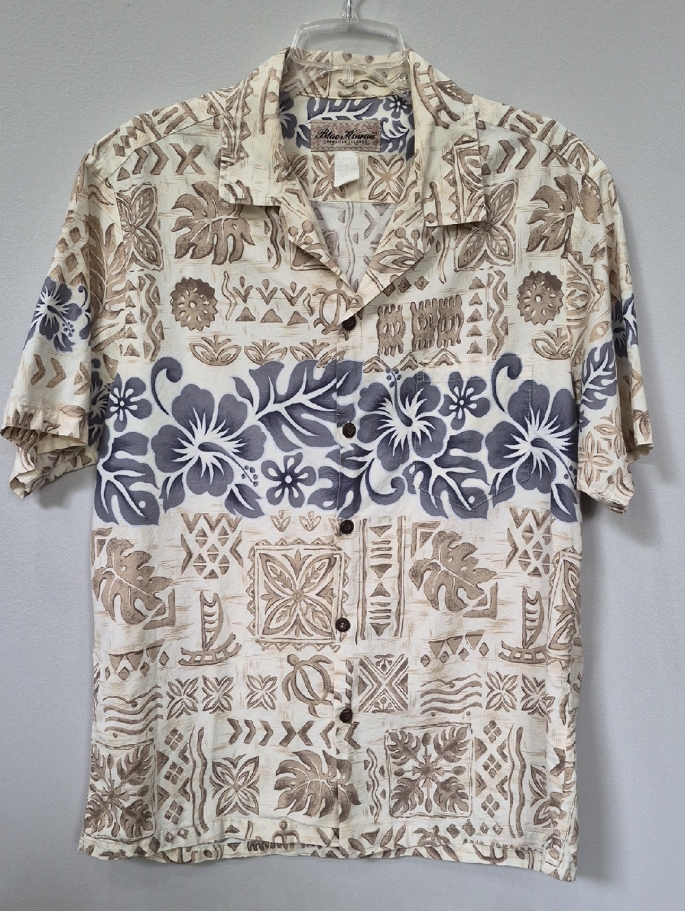 Blue Hawaii Hawaiian Islands Aloha Men's L Tropical Camp Shirt Cotton Native